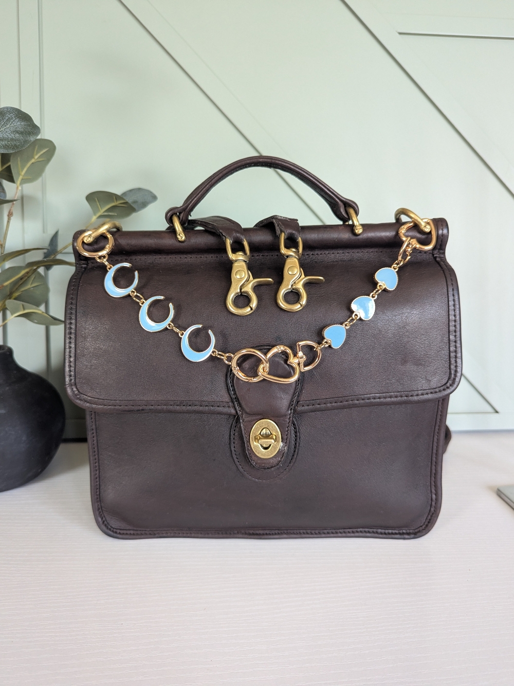 Coach Brown Leather Satchel with Light Blue Enamel Charm Chain